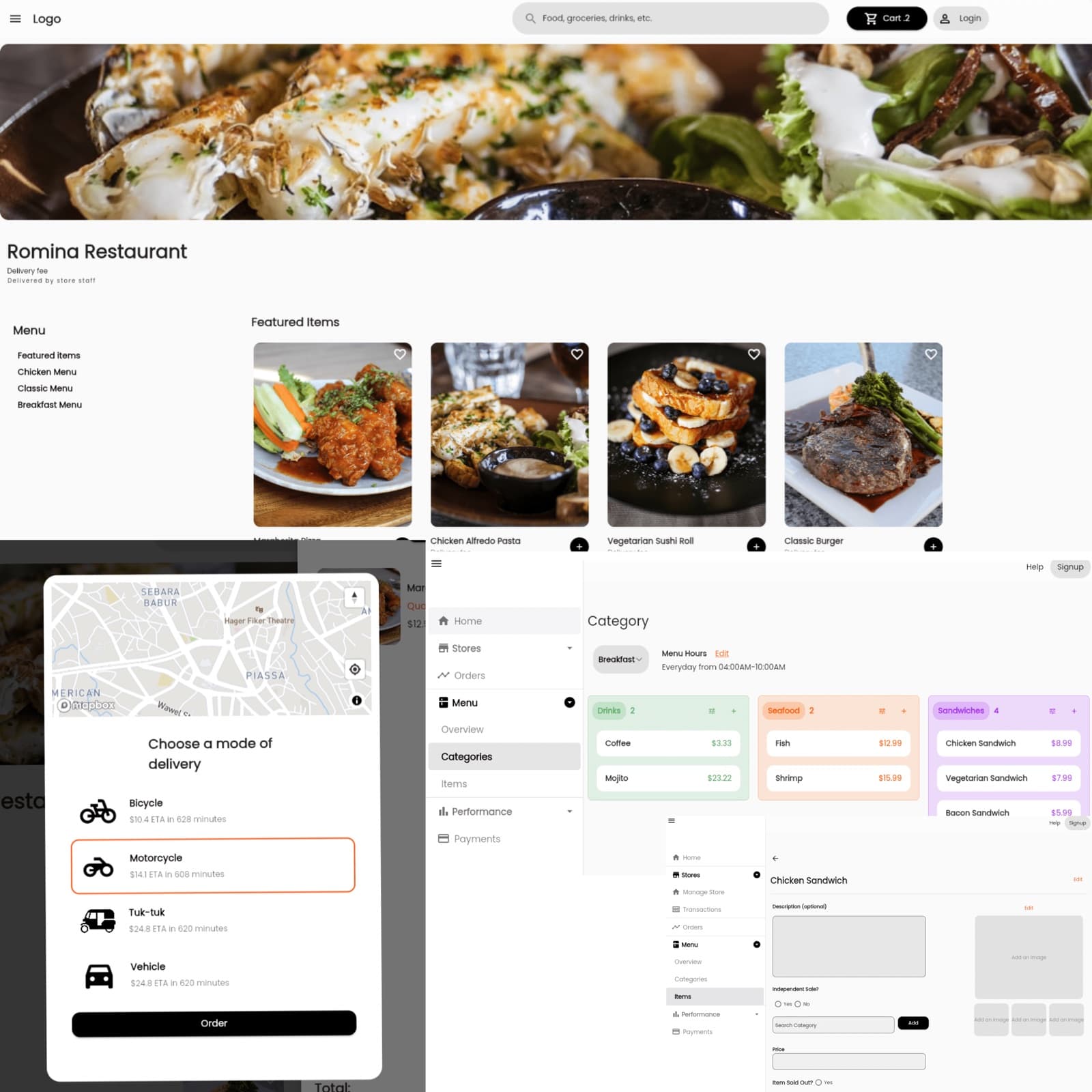 Debbol Food Delivery ordering and admin screens